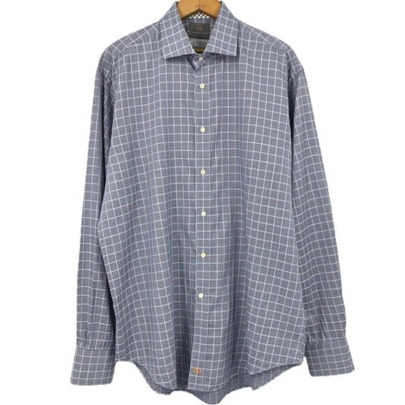 Thomas Dean Men’s Size L Button Up Shirt Plaid Houndstooth Navy Blue Flip Cuff - Picture 9 of 9